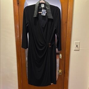 Elegant Black Dress with Faux Leather Collar